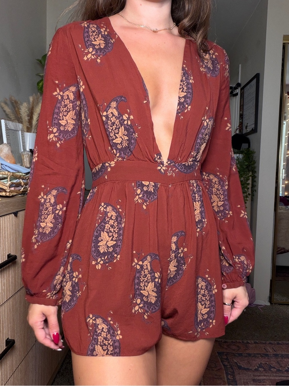 Ecote Boho Paisley Plunge Romper | S | Rust Brown Long Sleeve